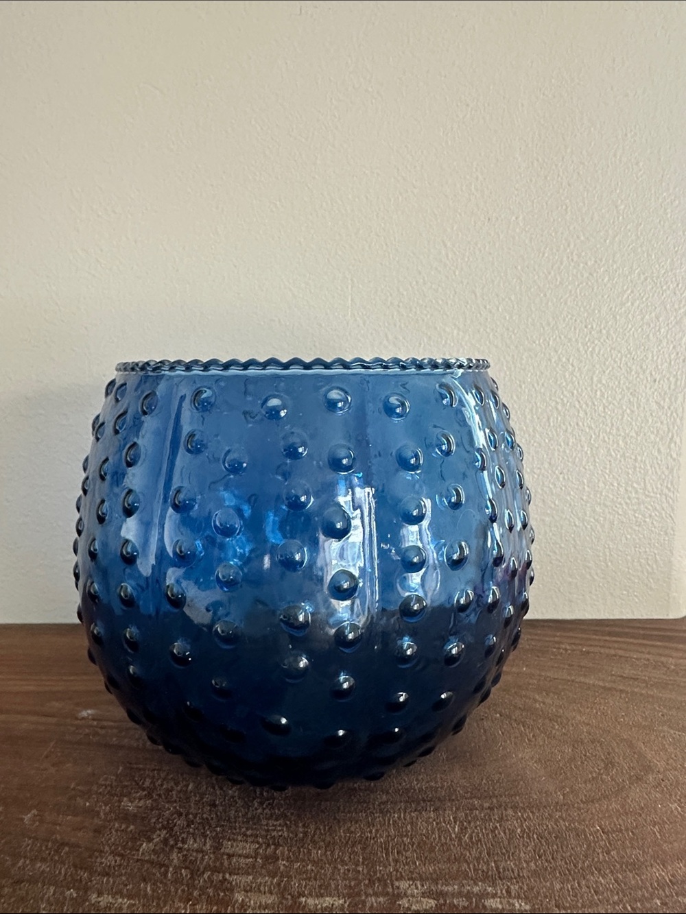 Vintage MCM Blue Hobnail Glass Globe Vase - Translucent Cased Molded